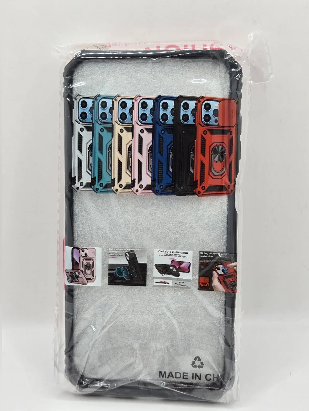 Rugged Shockproof Phone Case w/ Ring Holder & Camera Slide Cover SX A15 Beige‎